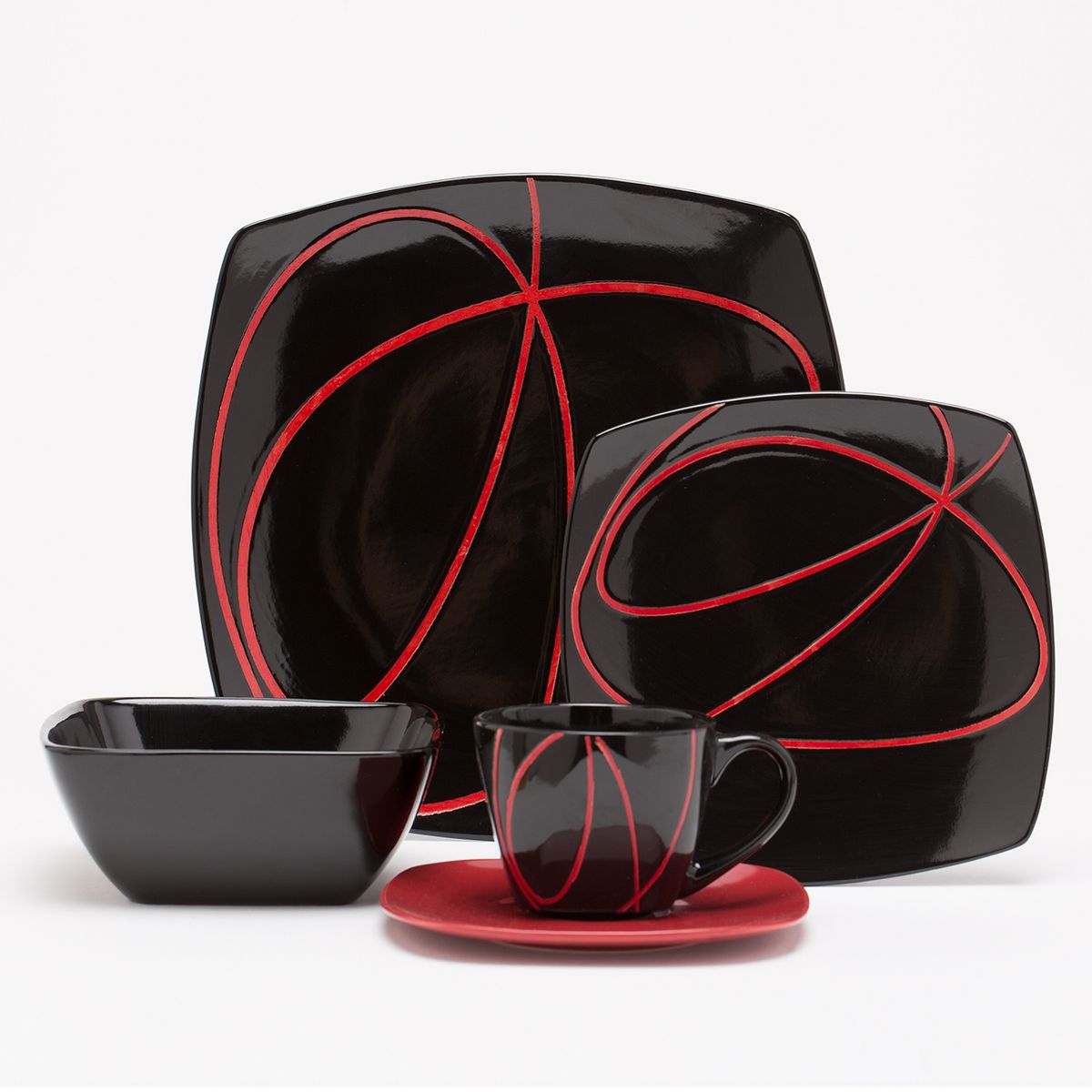 BASEMENT - Juego De Vajilla Basement Cerámica Cuadrada 30 Piezas Rojo Y Negro
