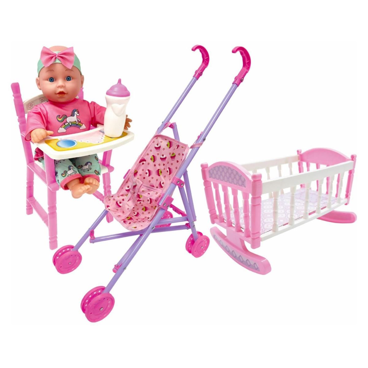 UNEEDA - Muñeca Con Cuna + Coche + Silla Uneeda