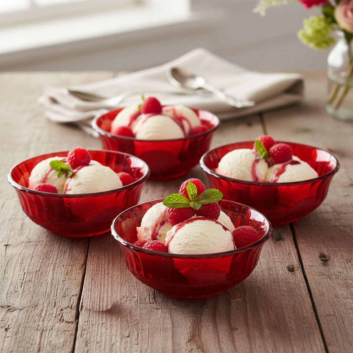 ROBERTA ALLEN - Set de 4 Bowls Vidrio Labrado 13.5 cm Rojo Roberta Allen