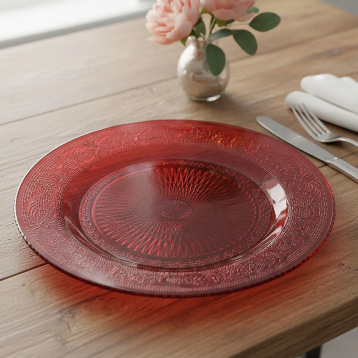 ROBERTA ALLEN - Plato Base Vidrio Labrado 29 cm Rojo Roberta Allen