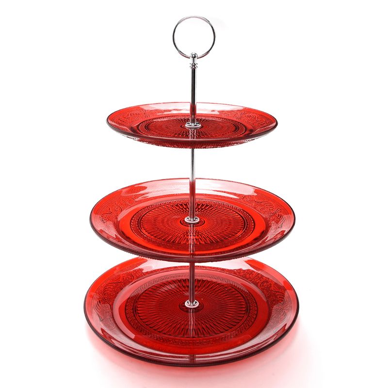 ROBERTA ALLEN - Tortero Plato Cup Cake 2 Pisos Vidrio Labrado Rojo Roberta Allen