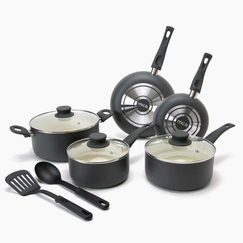 MICA - Batería de Cocina Antiadherente 10 Piezas Ollas y Sartenes Cocción Mica