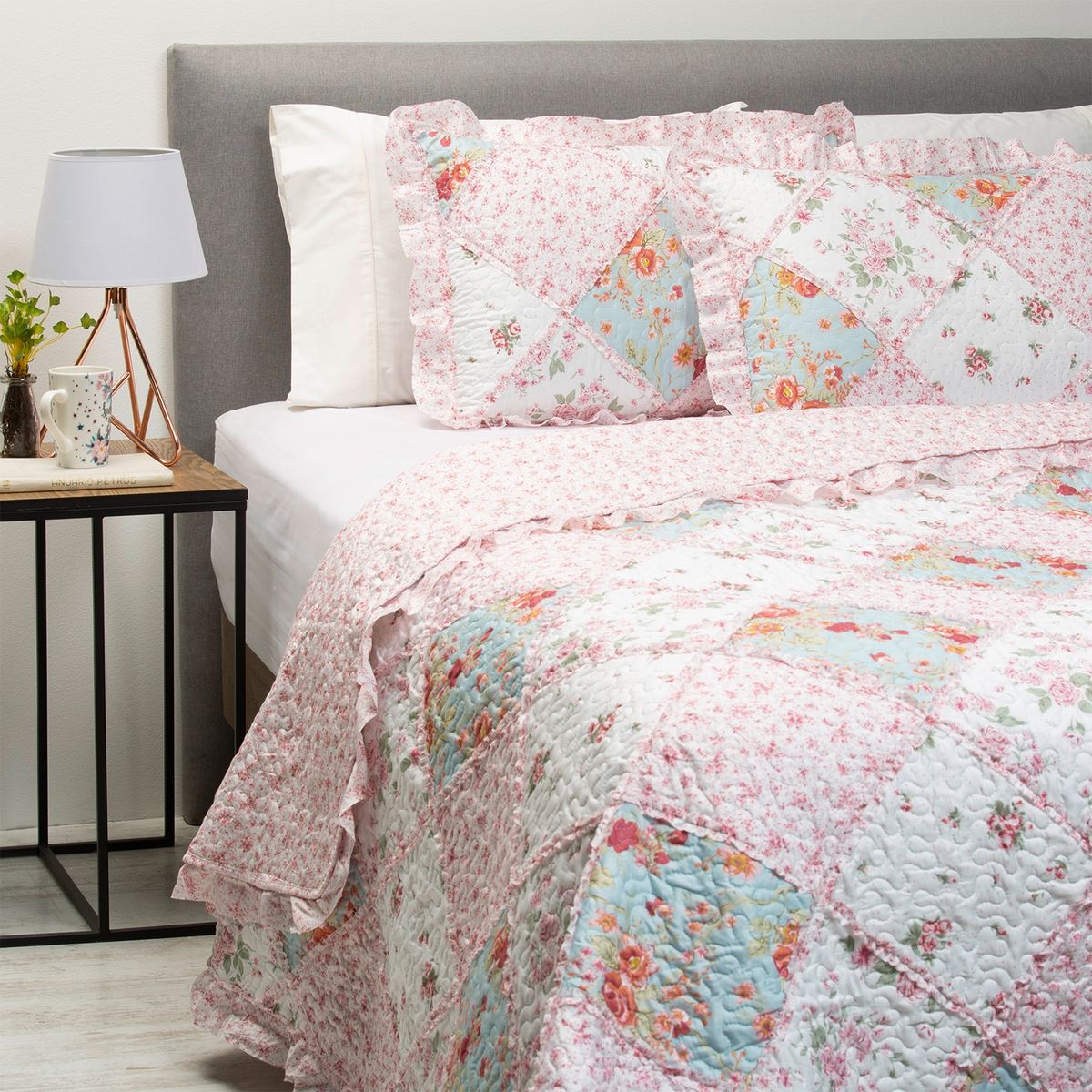 TEXTIL VIÑA - Cubrecama Quilt + Funda De Almohada Patch Rosa Microfibra Textil Vina