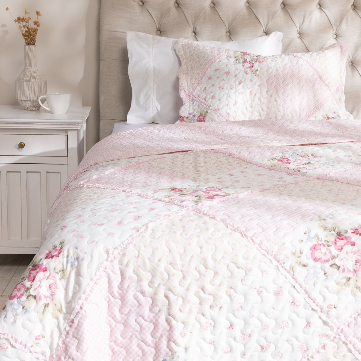 TEXTIL VIÑA - Cubrecama Quilt + Funda De Almohada Patch Rosa Microfibra Textil Vina