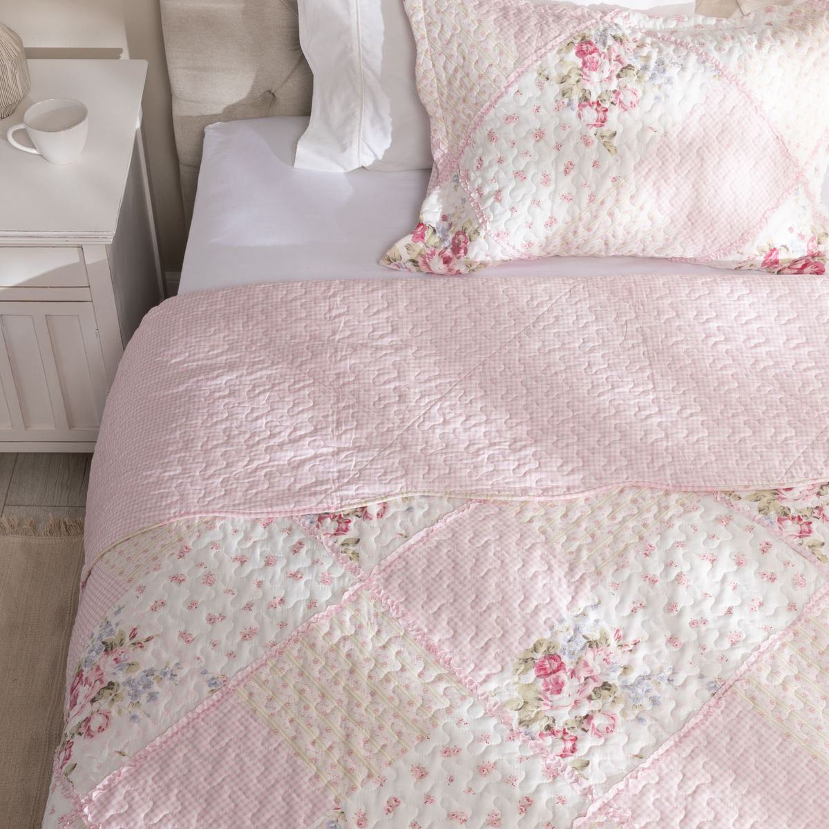 TEXTIL VIÑA - Cubrecama Quilt + Funda De Almohada Patch Rosa Microfibra Textil Vina