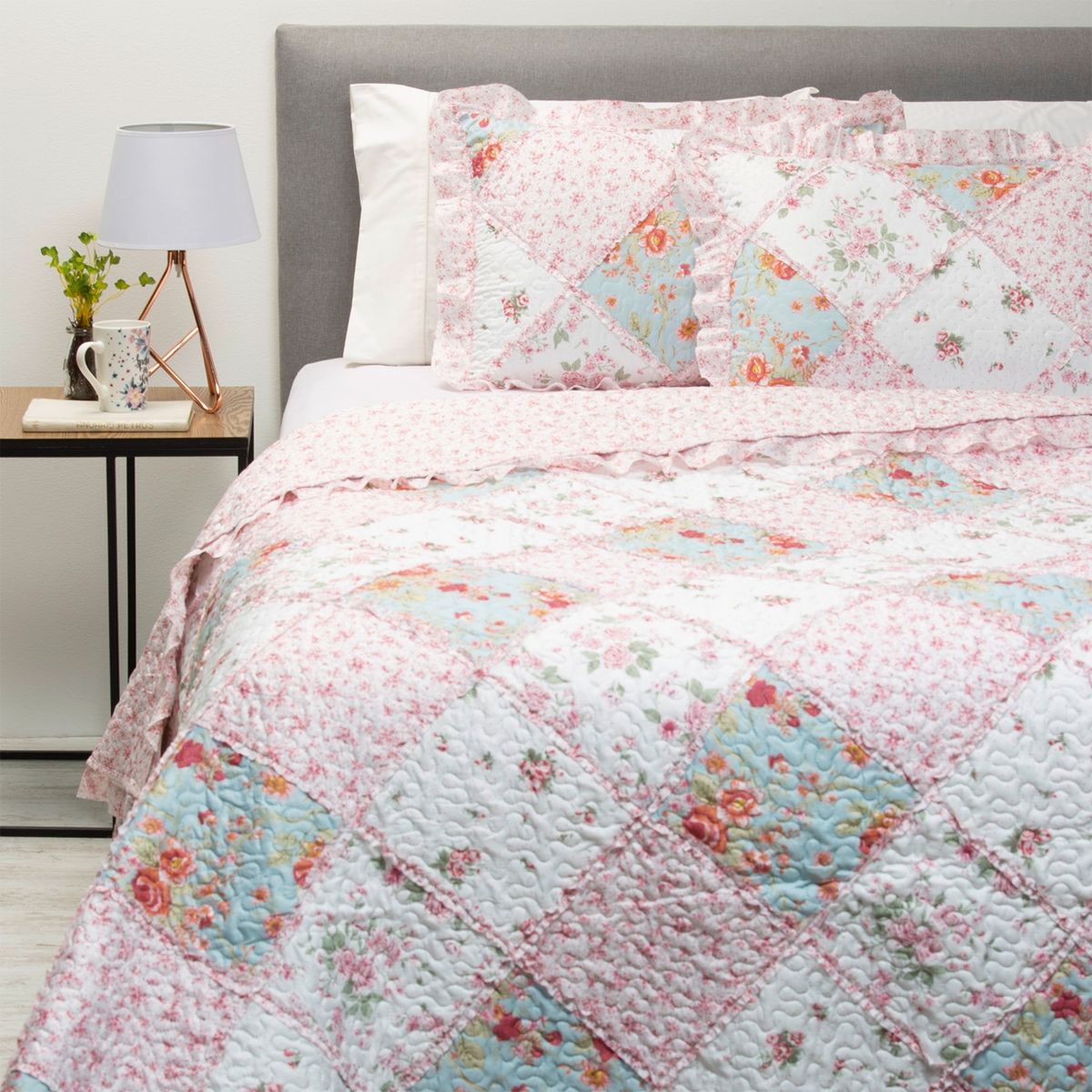 TEXTIL VIÑA - Cubrecama Quilt + Funda De Almohada Patch Rosa Microfibra Textil Vina