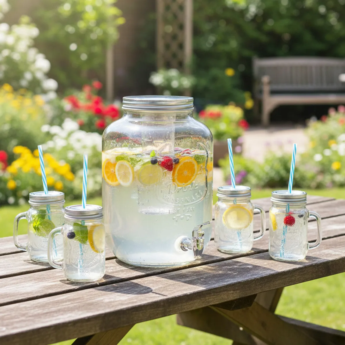 MICA - Set Dispensador Agua Mica 8 Litros con 4 Vasos Mason Jars