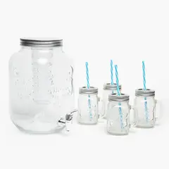 MICA - Set Dispensador Agua 8 Litros + 4 Vasos Jars 450 ml Mason Filt