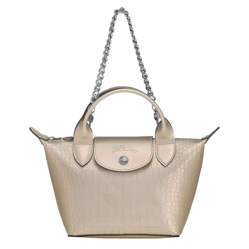 LONGCHAMP - Cartera Le Pliage Cuir Croco plateada