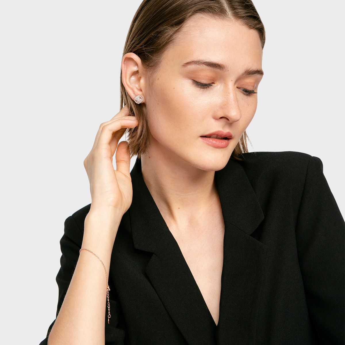 CECILIA BOLOCCO - Pulsera Y Aros Plata 925 Bañado Oro Rosa Con Cristales Cecilia Bolocco