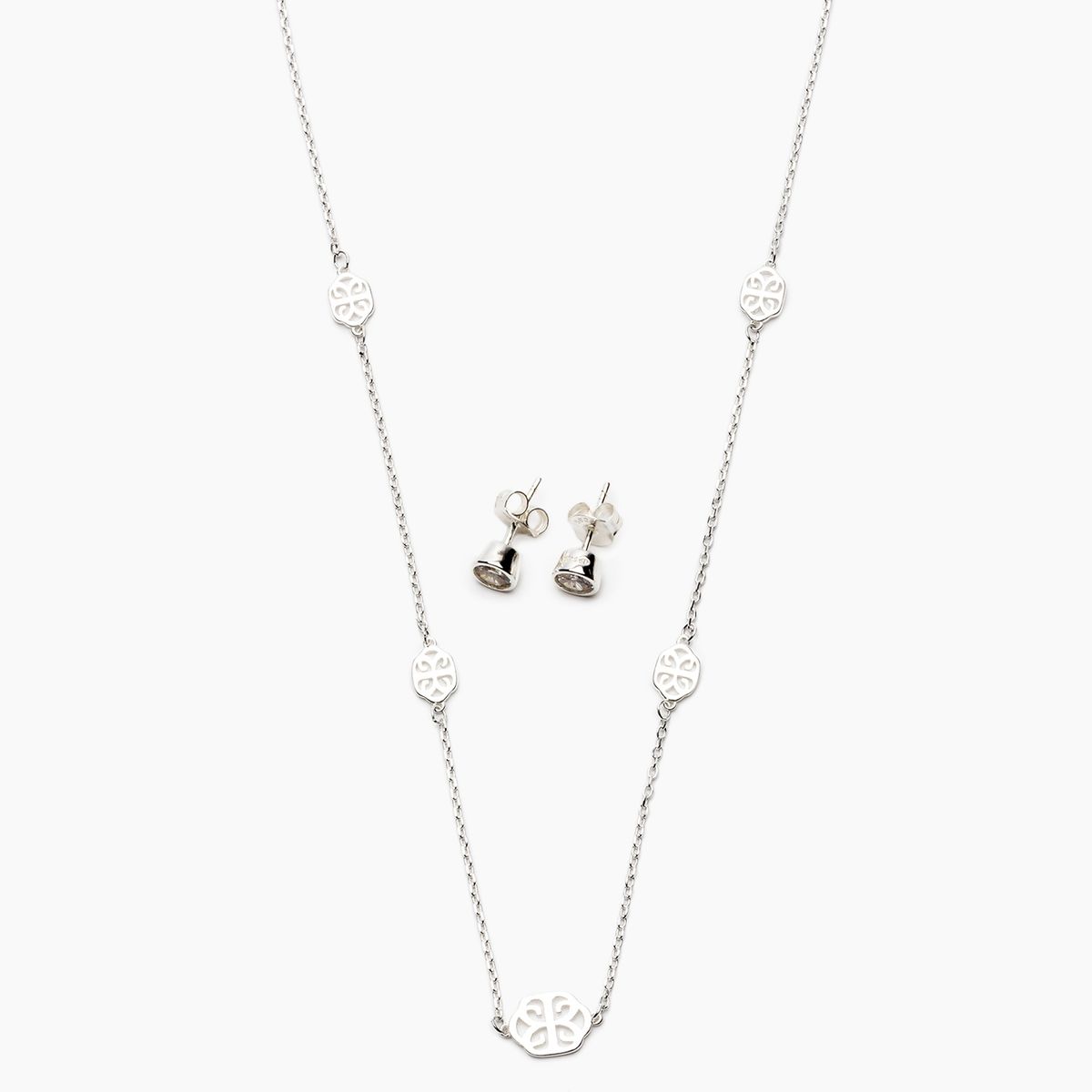 CECILIA BOLOCCO - Collar Y Aros Plata 925 Bañado En Rodio Cecilia Bolocco