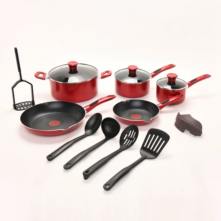 TEFAL Batería De Cocina Antiadherente 14 Piezas Ollas Y Sartenes Rojo Simply Cook
