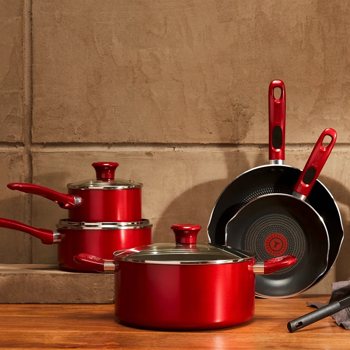 TEFAL - Batería De Cocina Antiadherente 14 Piezas Ollas Y Sartenes Rojo Simply Cook Tefal
