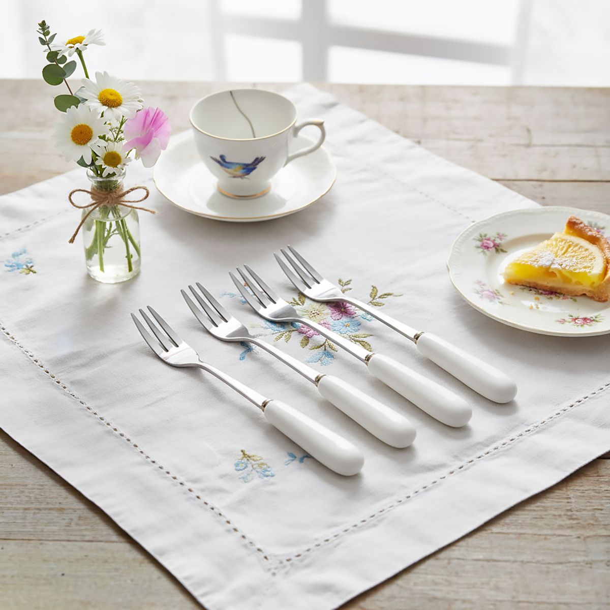 ROBERTA ALLEN - Set 4 Tenedores Postre Cerámica Blanca Toscana Roberta Allen