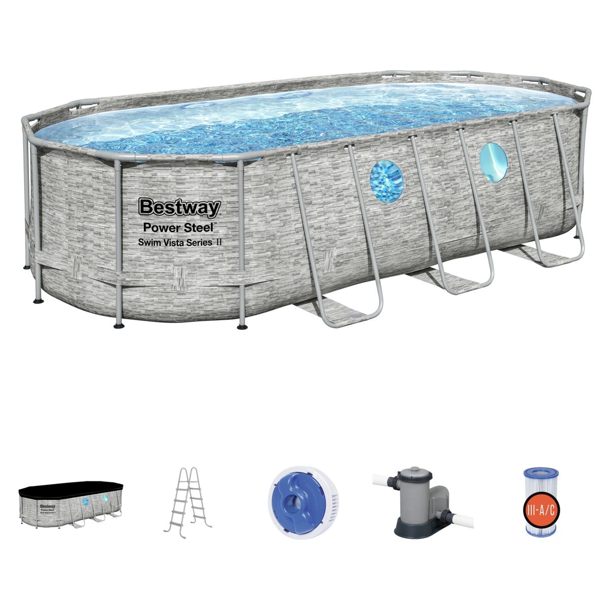 BESTWAY - Combo Piscina Estructural Ovalada  549X274X122 Cm + Filtro + 1 Escalera De Seguridad, 1 Cubierta De Piscina, 1 Dispensador Bestway