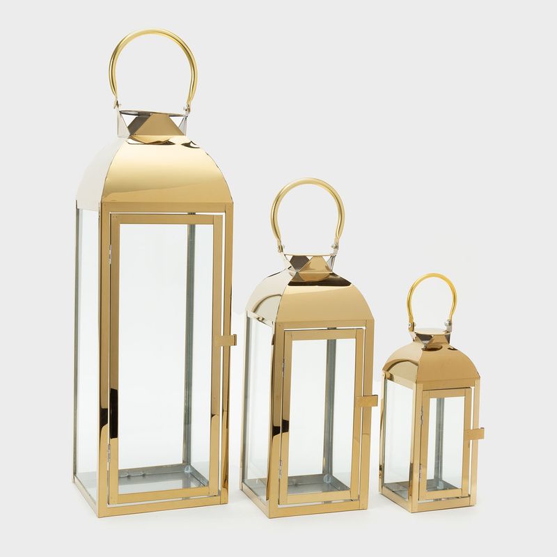 MICA - Set de 3 Faroles Mica Acero Dorado para Velas