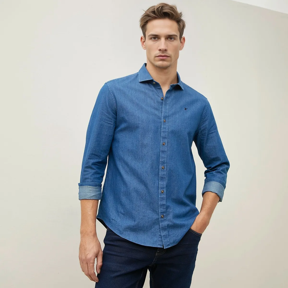 WOLF&HANK - Camisa Manga Larga Denim Slim Fit Hombre Wolf&Hank