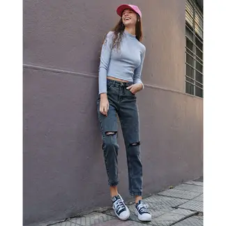 SYBILLA - Jeans Mom Fit Tiro Alto Rotos Mujer Algodón