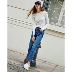 SYBILLA - Jeans Mom Fit Tiro Alto Rotos Mujer Algodón