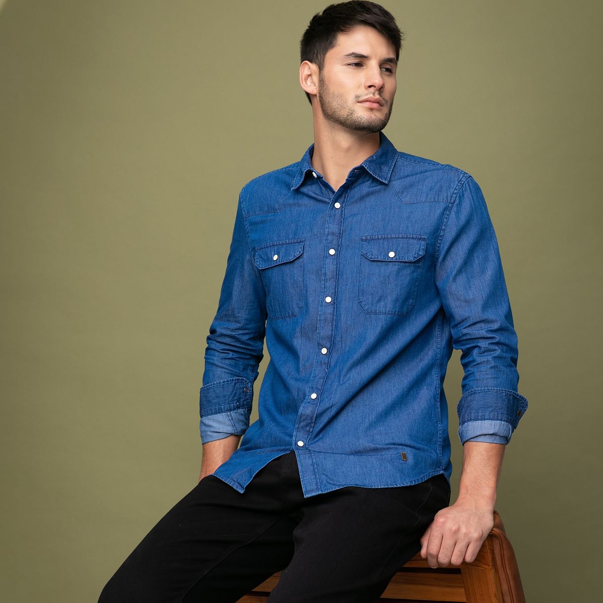 BASEMENT - Camisa Denim Slim Fit Hombre