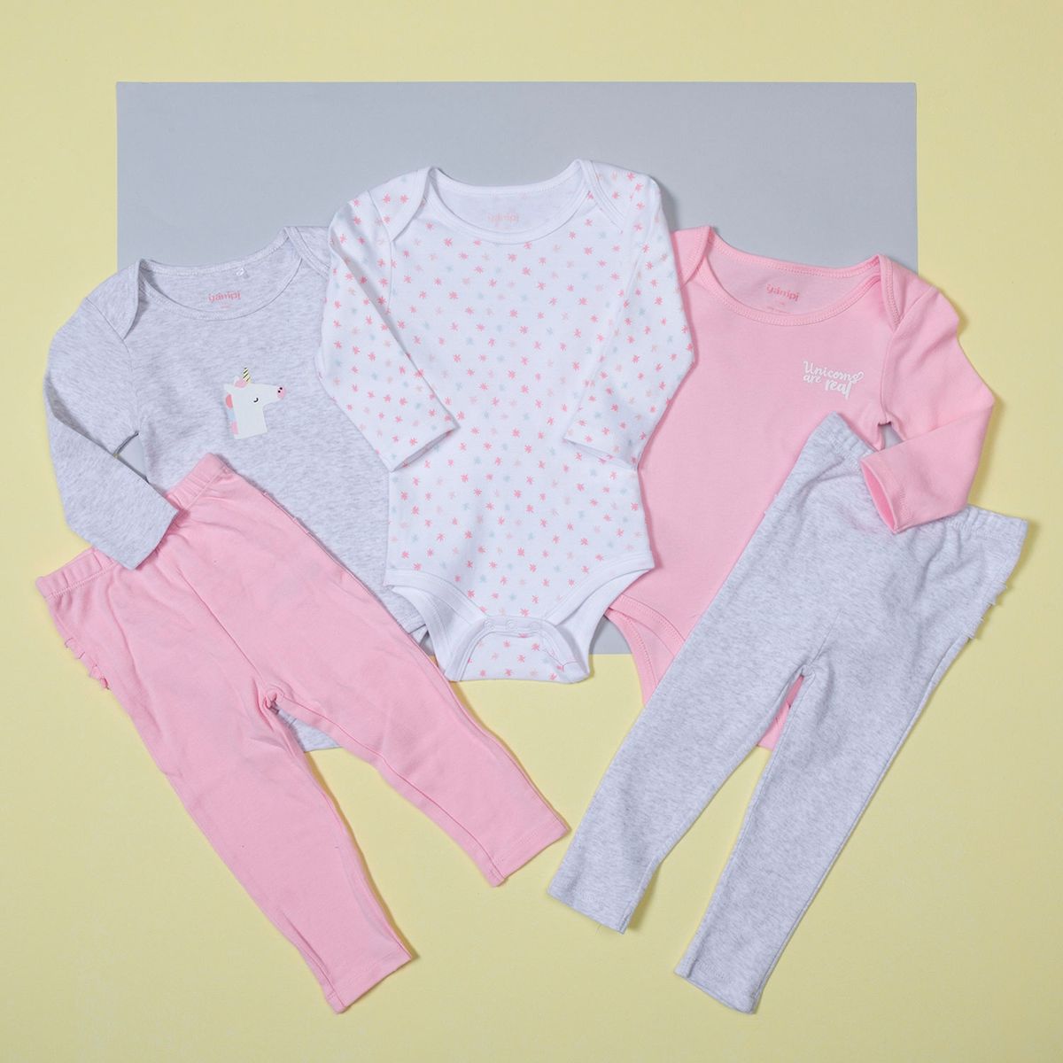 YAMP - Yamp Conjunto 3 Bodys + 2 Pantalones Bebé Niña Algodón 5 Piezas