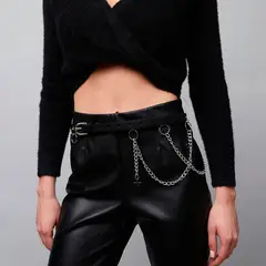 DAHLA - Cinturón Negro Mujer Con Cadena Plateada