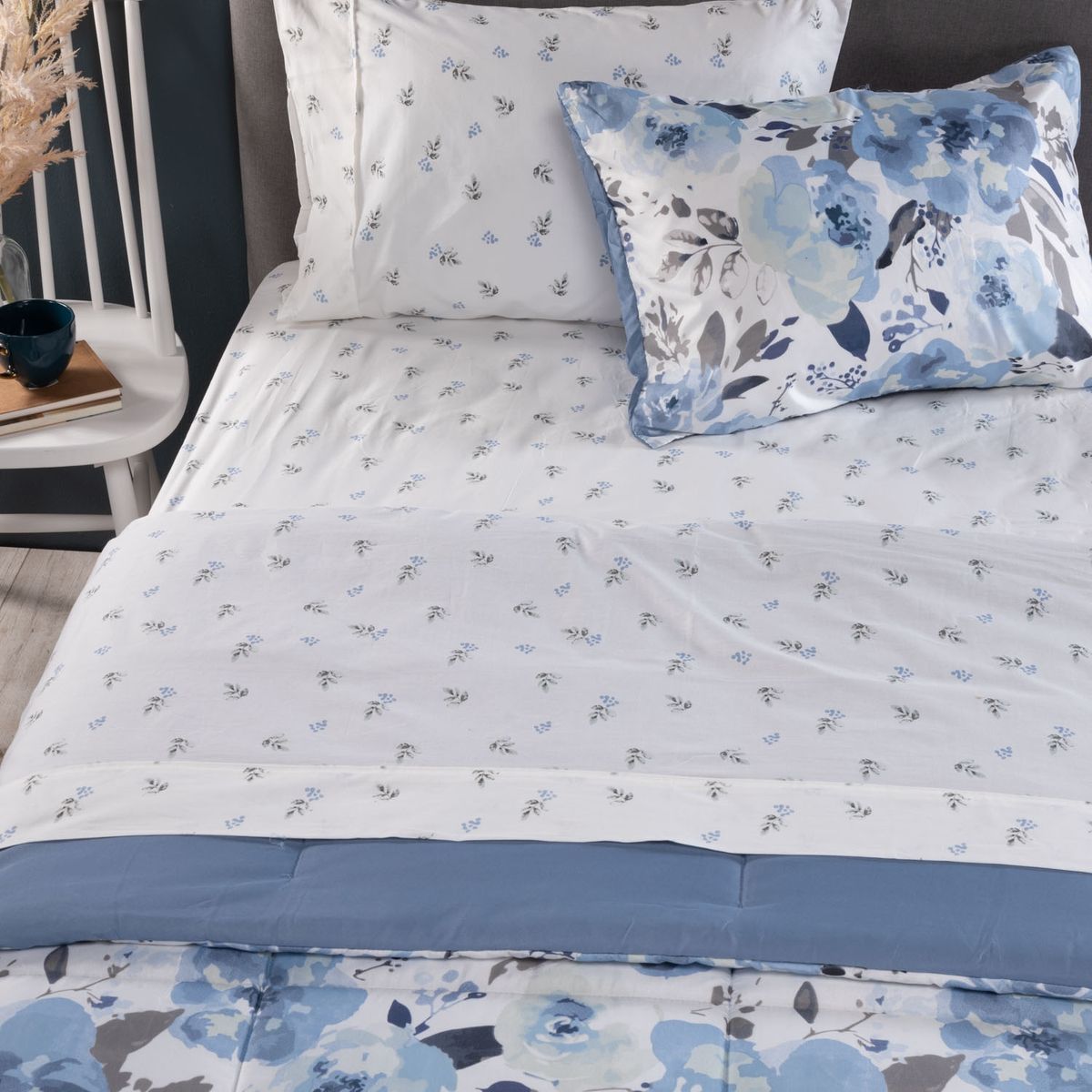 ROBERTA ALLEN - Cubrecama + Juego de Sábanas 100% Algodón + Manta + Cojín Azul