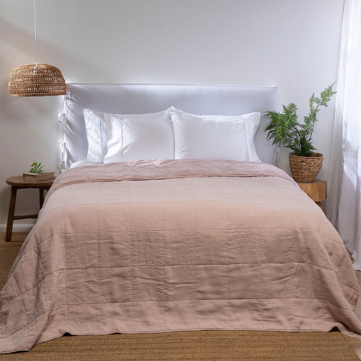 CASA CANTABRIA - Cubrecama Quilt Lino Square Rosado Lino Casa Cantabria