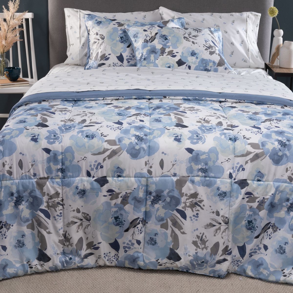 ROBERTA ALLEN - Cubrecama + Juego de Sábanas 100% Algodón + Manta + Cojín Azul