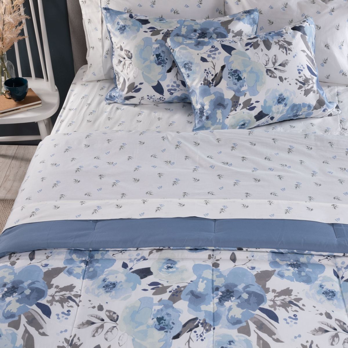 ROBERTA ALLEN - Cubrecama + Juego de Sábanas 100% Algodón + Manta + Cojín Azul