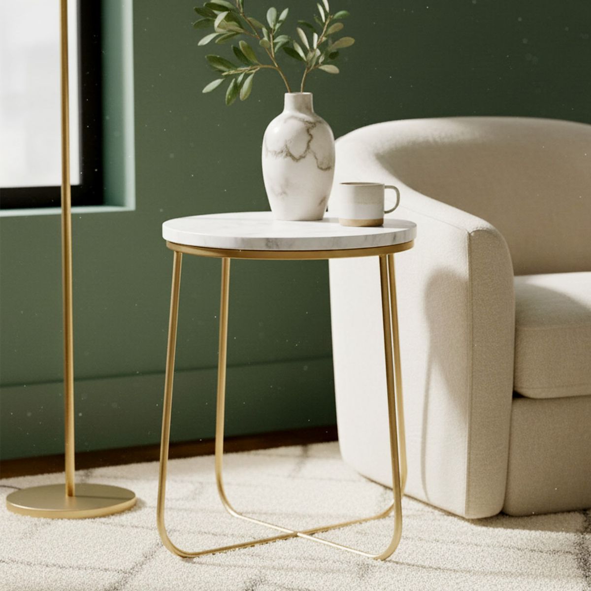 BASEMENT HOME - Mesa Lateral Redonda 40 Cm Mármol Pata Dorada Auxiliar Basement Home