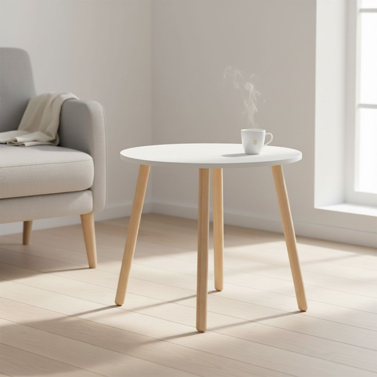 MICA - Mesa Lateral Redonda 60X50 Cm Pata Madera Auxiliar Mica