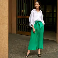 BASEMENT - Pantalón Lino Palazzo Tiro Medio Mujer