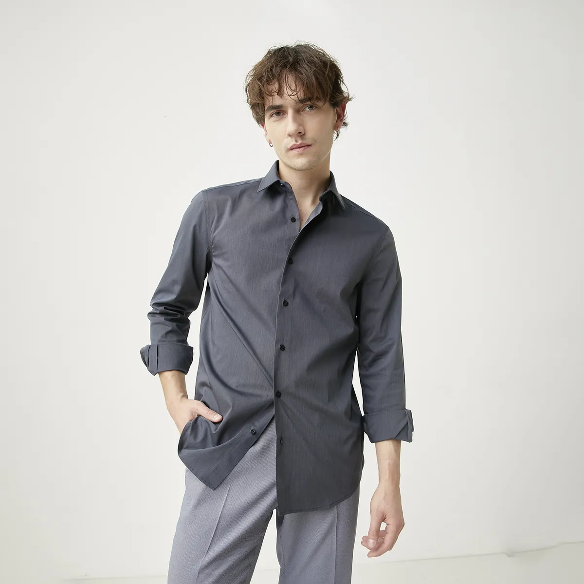 BASEMENT - Camisa de Vestir Manga Larga Algodón Hombre Basement