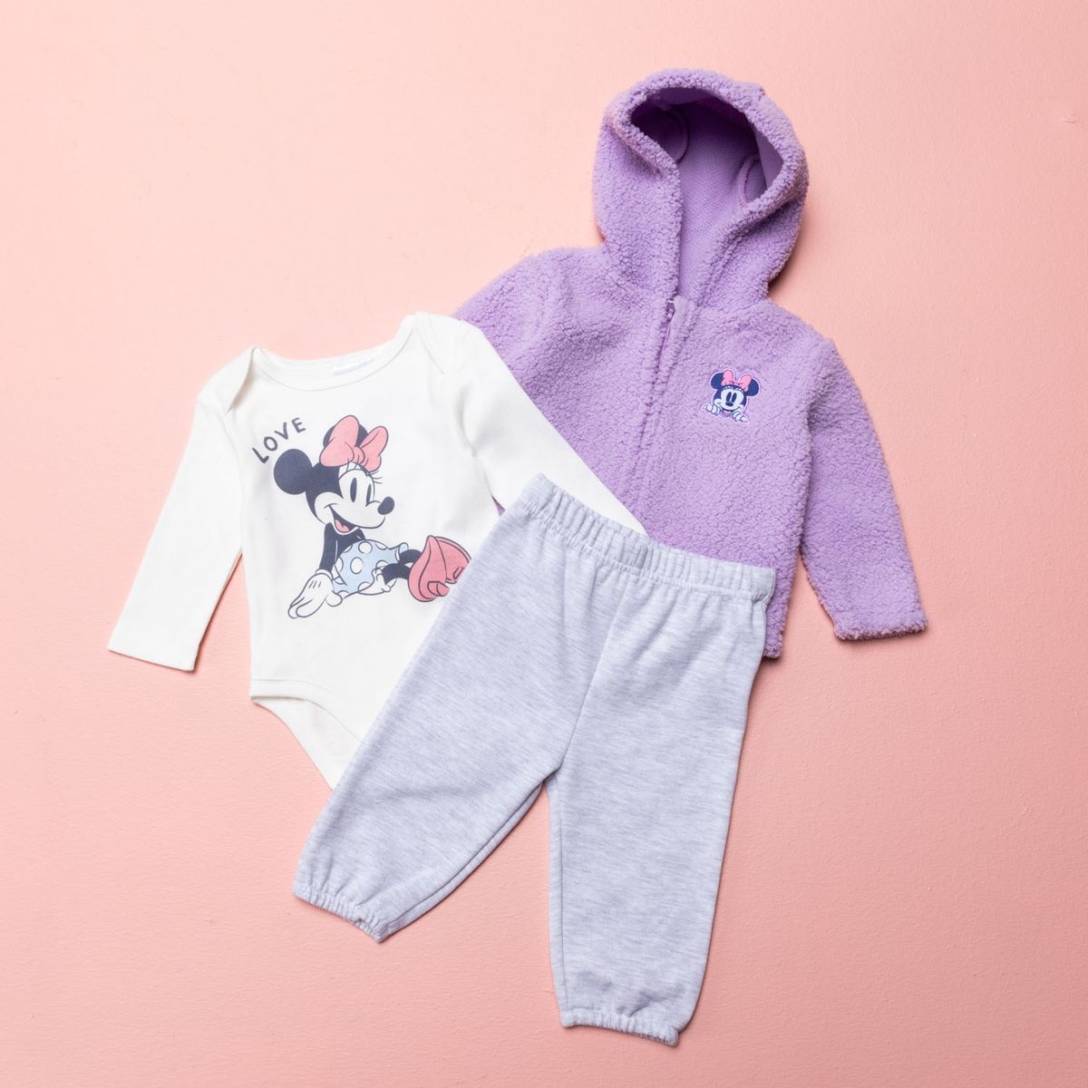 MINNIE - Minnie Conjunto Polerón, Pantalón Y Body Bebé Niña 3 Piezas Algodón