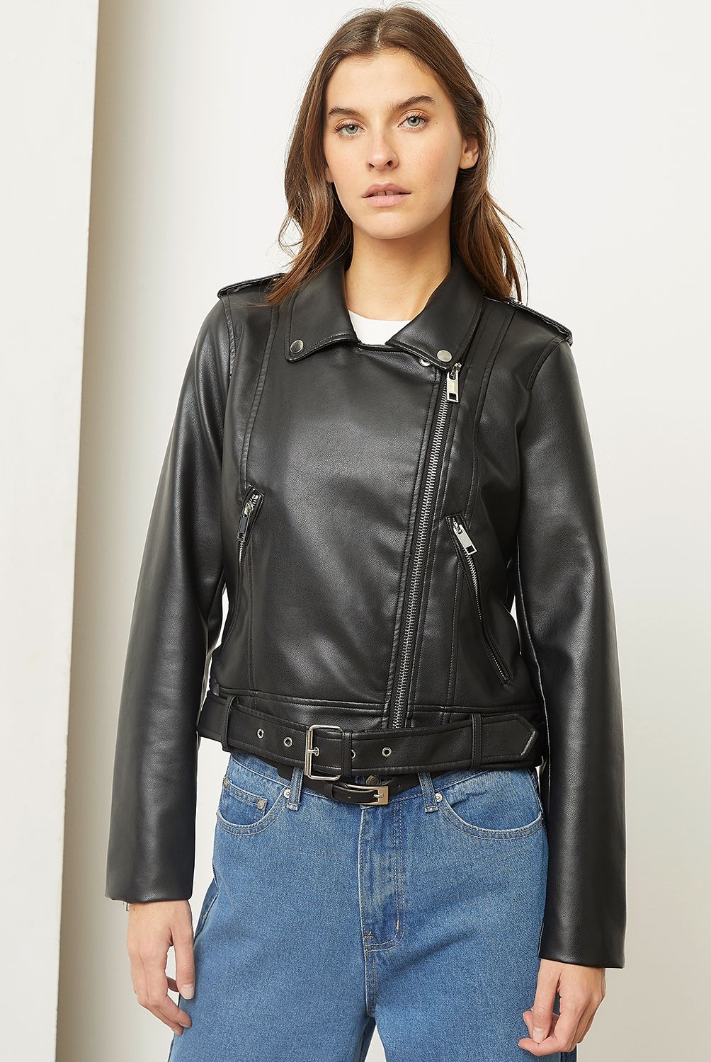 BASEMENT - Chaqueta Biker Basement Mujer Cuero Diseño Liso