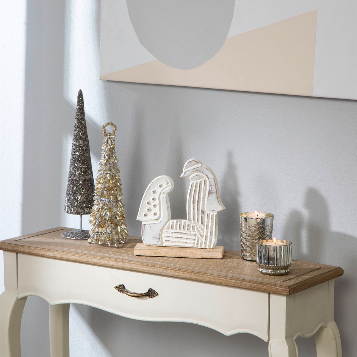 MICA - Adorno Árbol Navidad Pino Plateado Mostacillas 15 Cm Mica