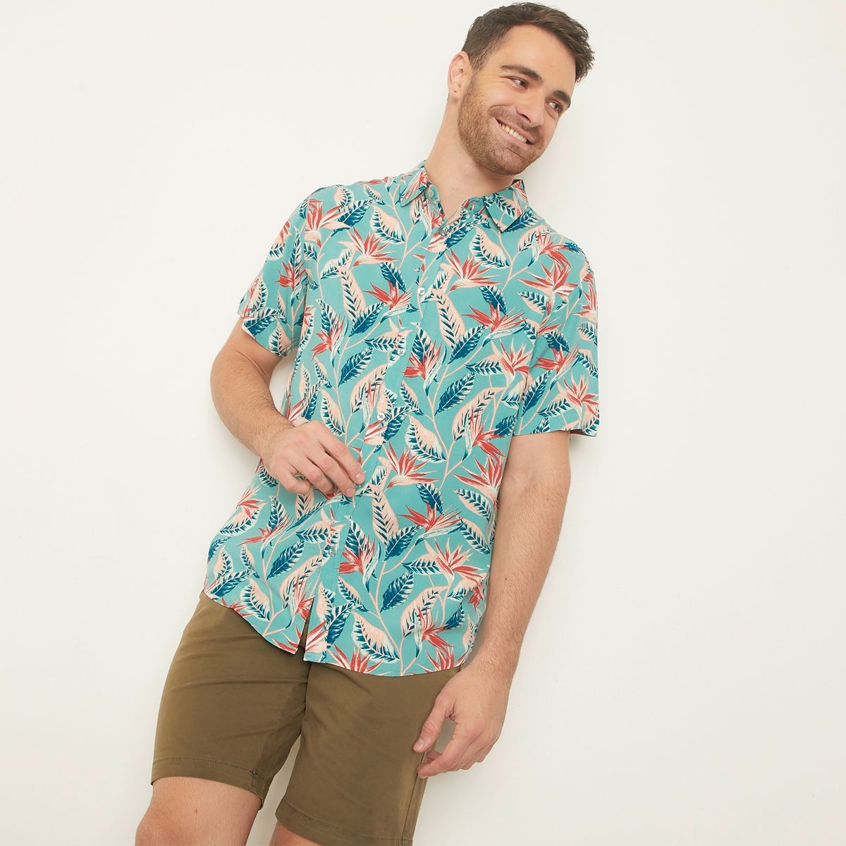 NEWPORT - Camisa Guayabera Manga Corta Estampado Tropical Viscosa Hombre Newport