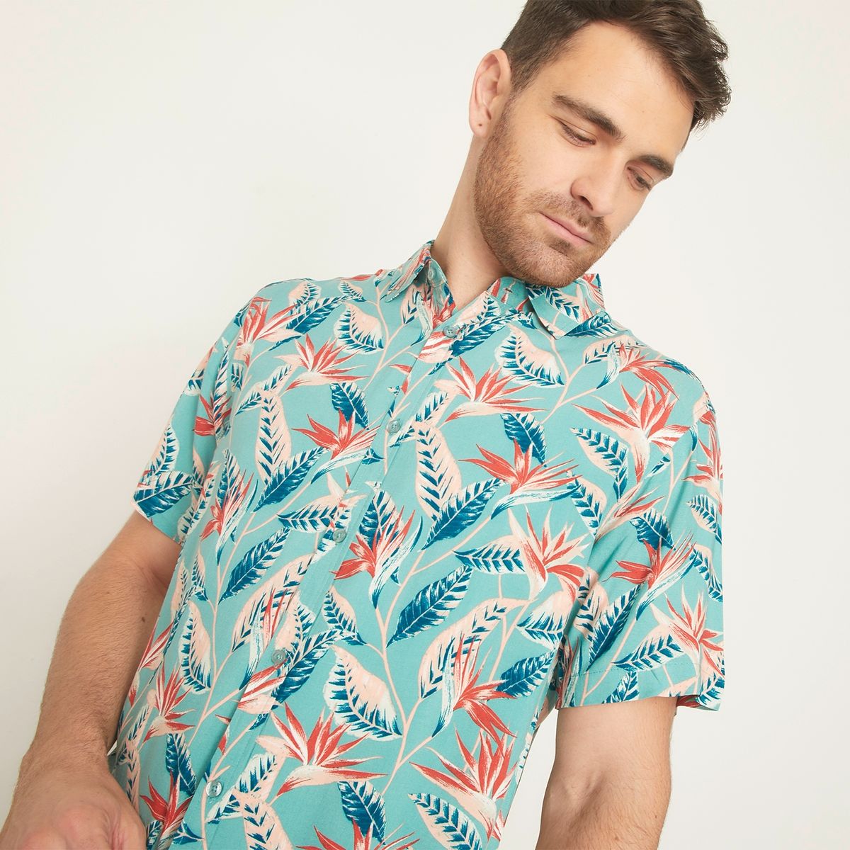 NEWPORT - Camisa Guayabera Manga Corta Estampado Tropical Viscosa Hombre Newport