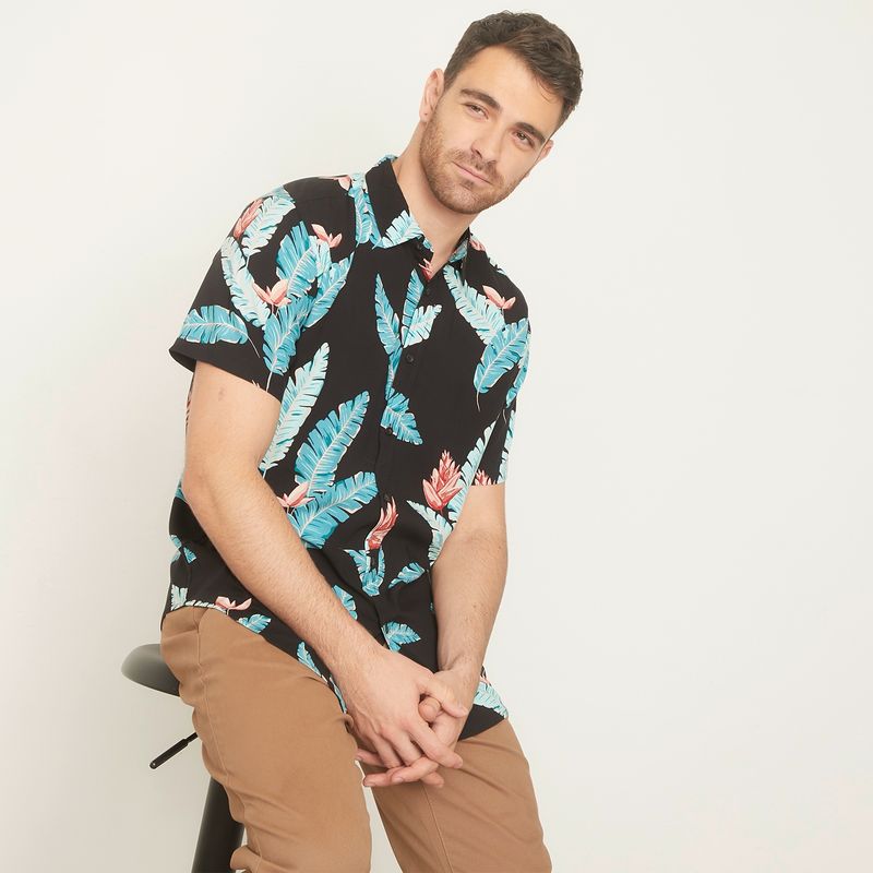 NEWPORT - Camisa Guayabera Manga Corta Estampado Tropical Viscosa Hombre Newport
