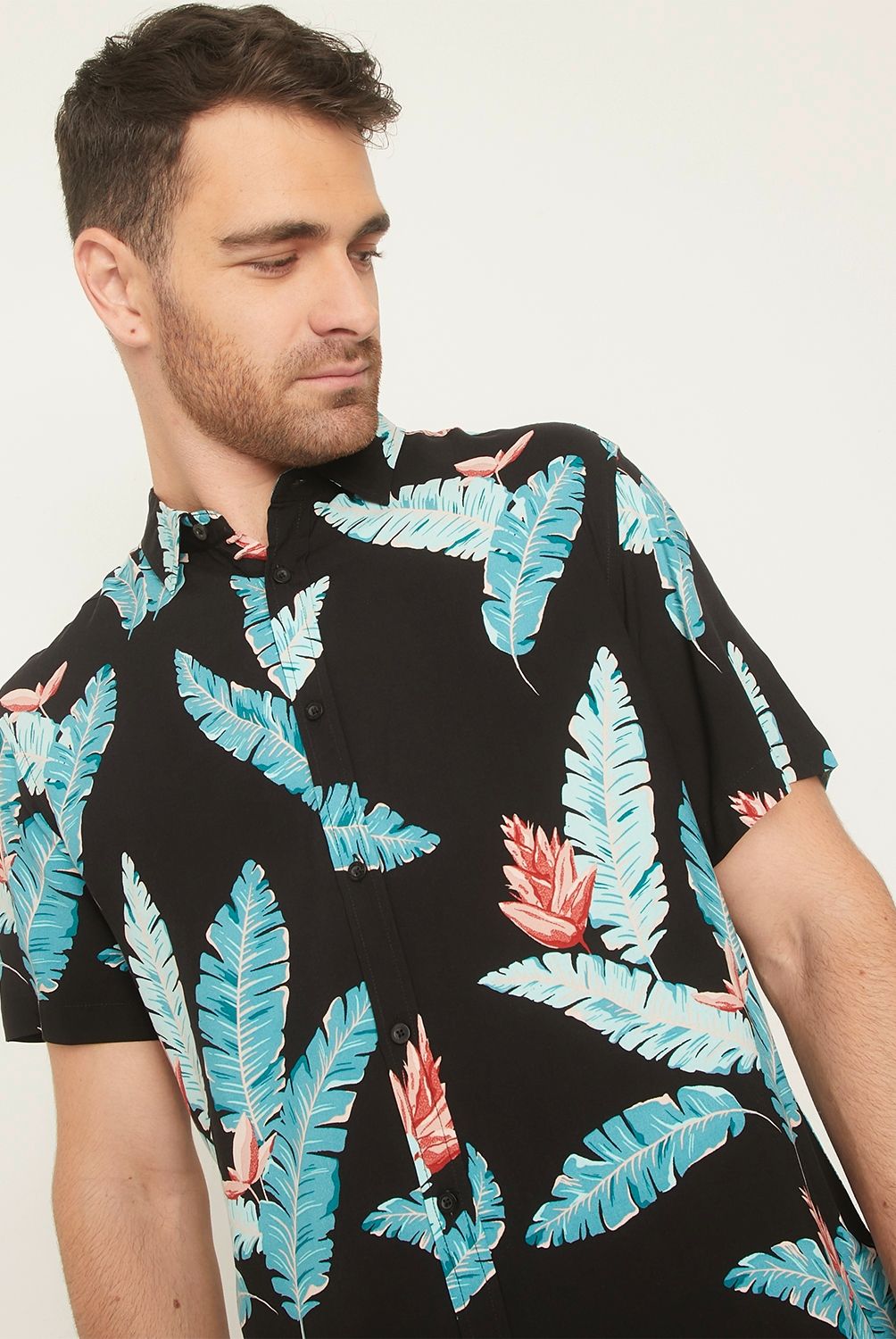 NEWPORT - Camisa Guayabera Manga Corta Estampado Tropical Viscosa Hombre Newport