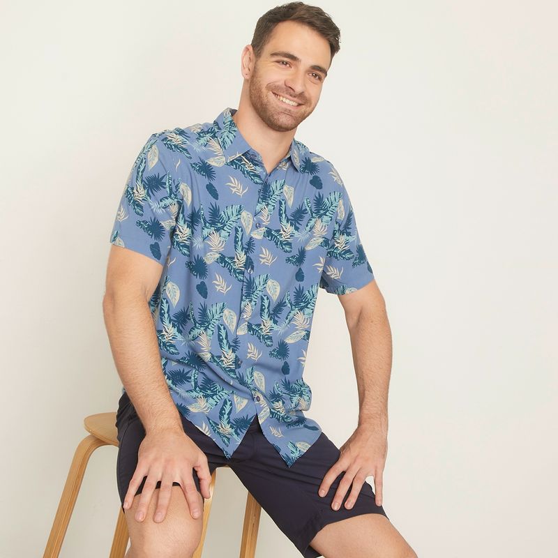 NEWPORT - Camisa Guayabera Manga Corta Estampado Tropical Viscosa Hombre Newport