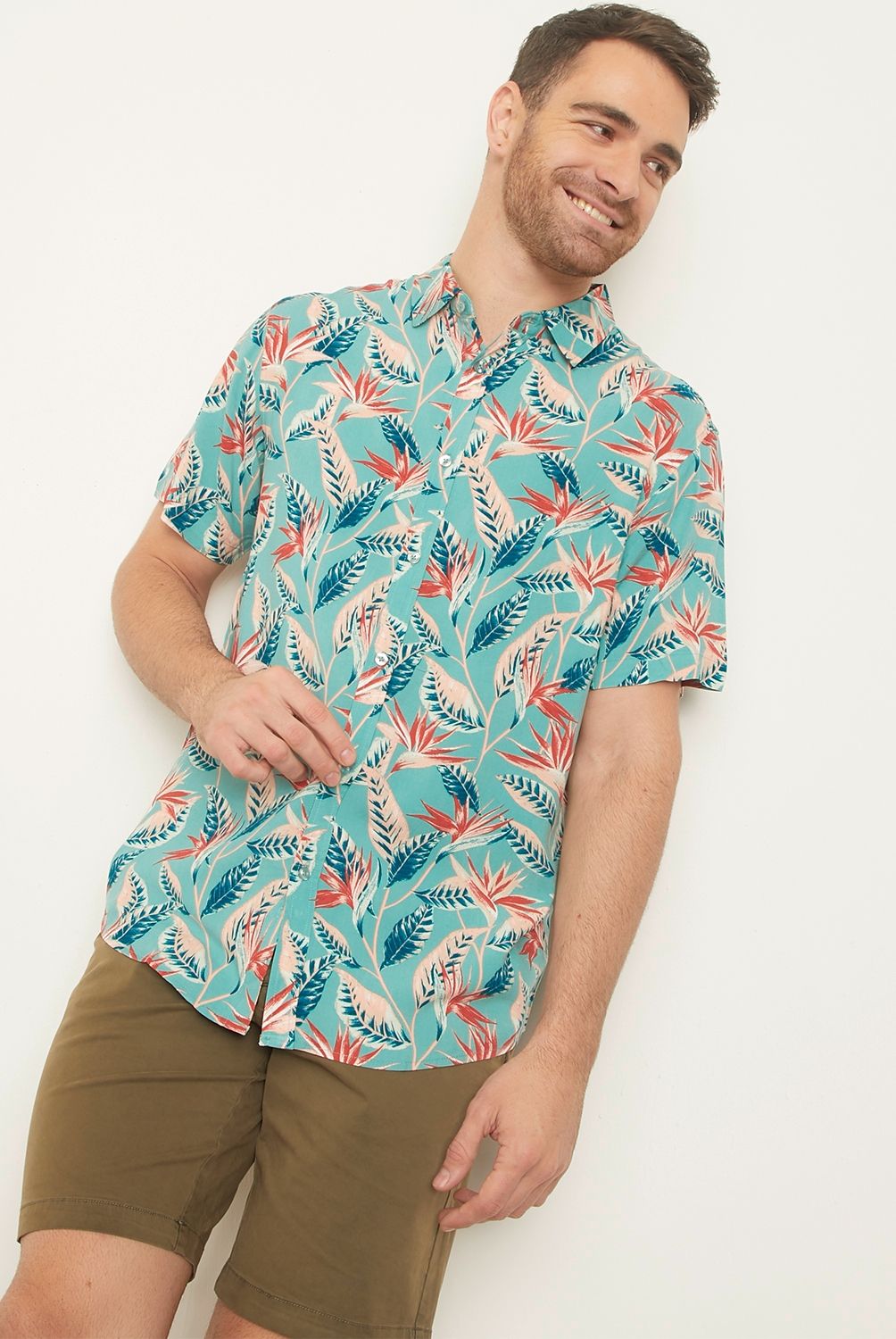 NEWPORT - Camisa Guayabera Manga Corta Estampado Tropical Viscosa Hombre Newport
