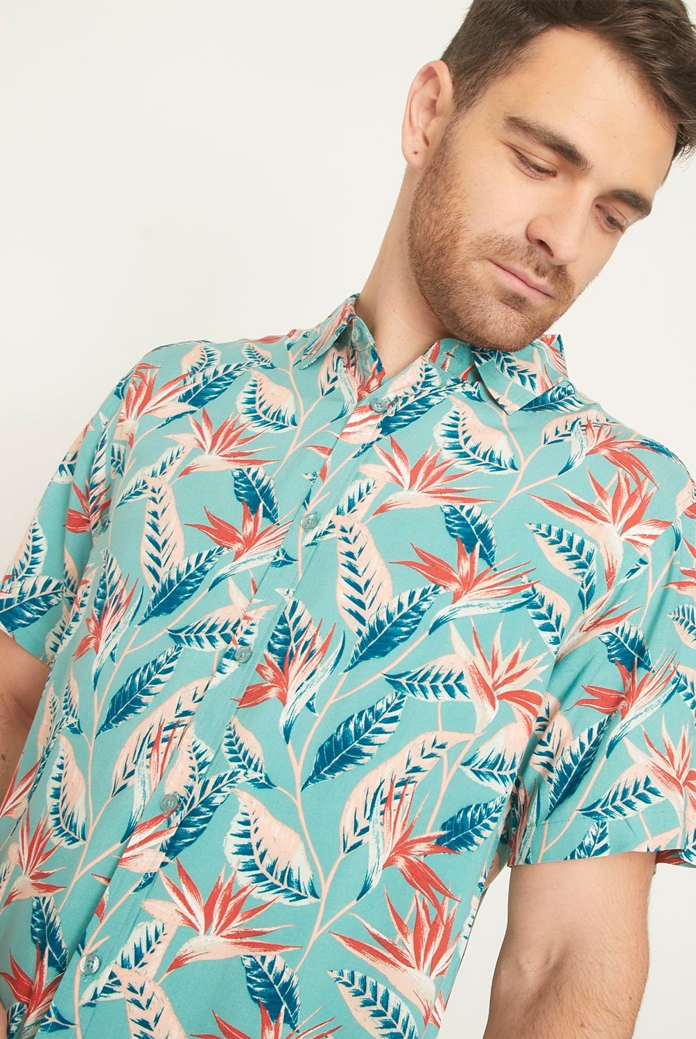 NEWPORT - Camisa Guayabera Manga Corta Estampado Tropical Viscosa Hombre Newport