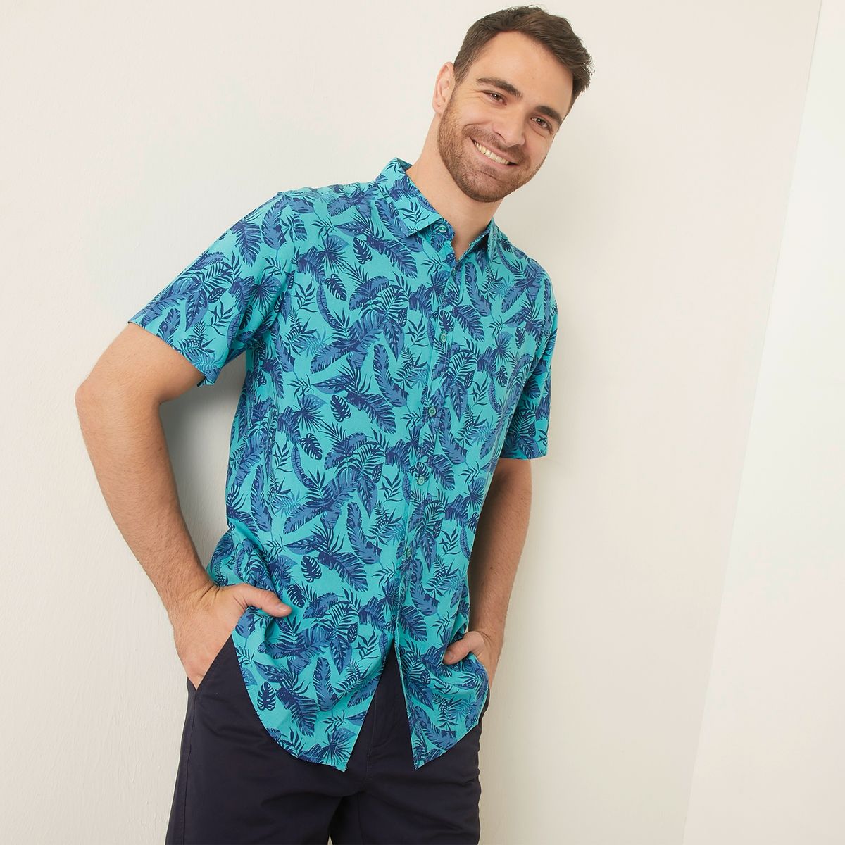 NEWPORT - Camisa Guayabera Manga Corta Estampado Tropical Viscosa Hombre Newport