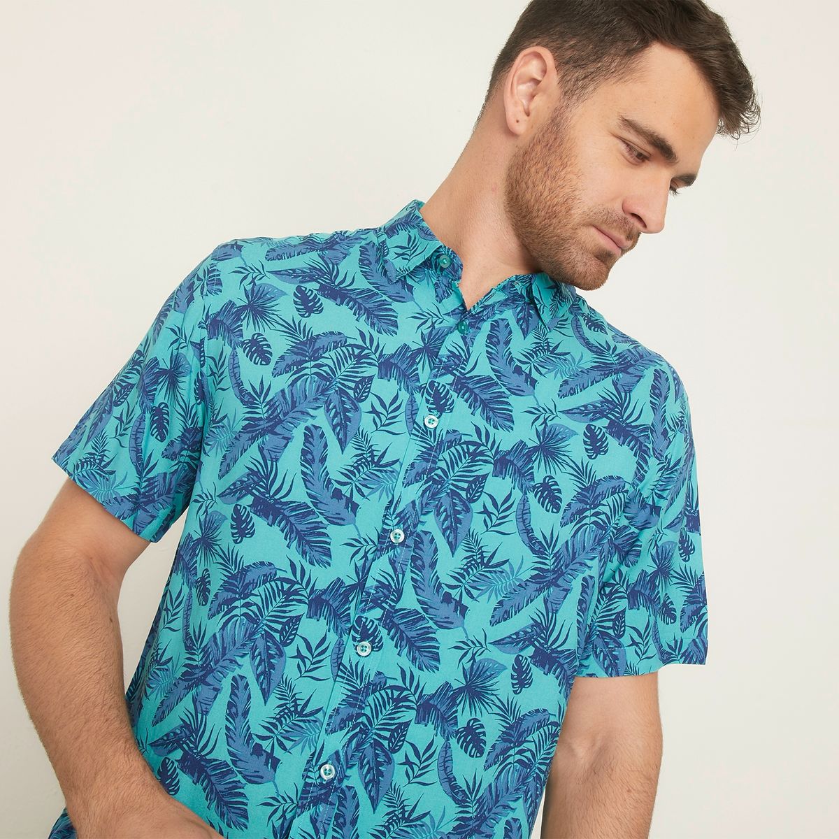 NEWPORT - Camisa Guayabera Manga Corta Estampado Tropical Viscosa Hombre Newport