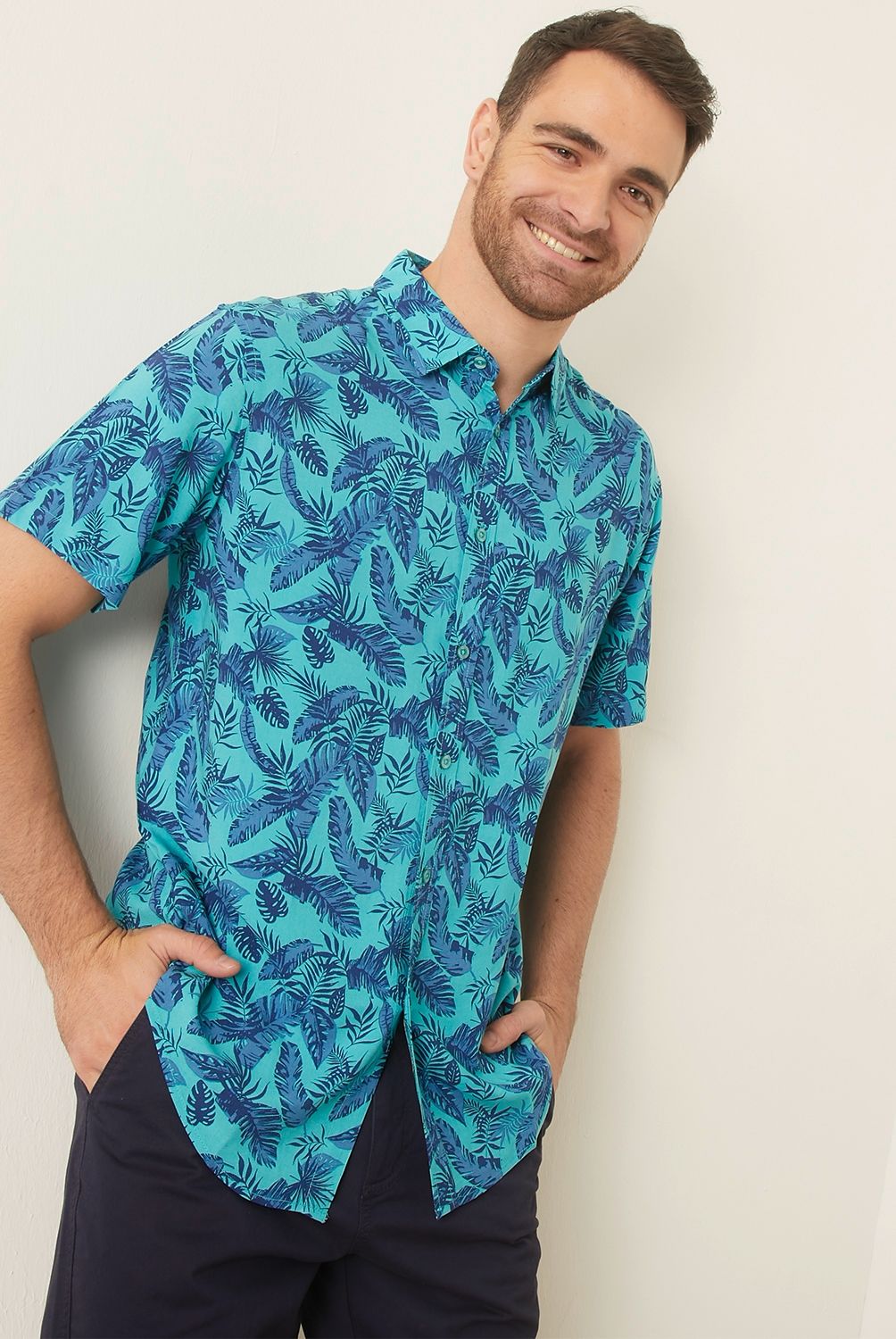 NEWPORT - Camisa Guayabera Manga Corta Estampado Tropical Viscosa Hombre Newport