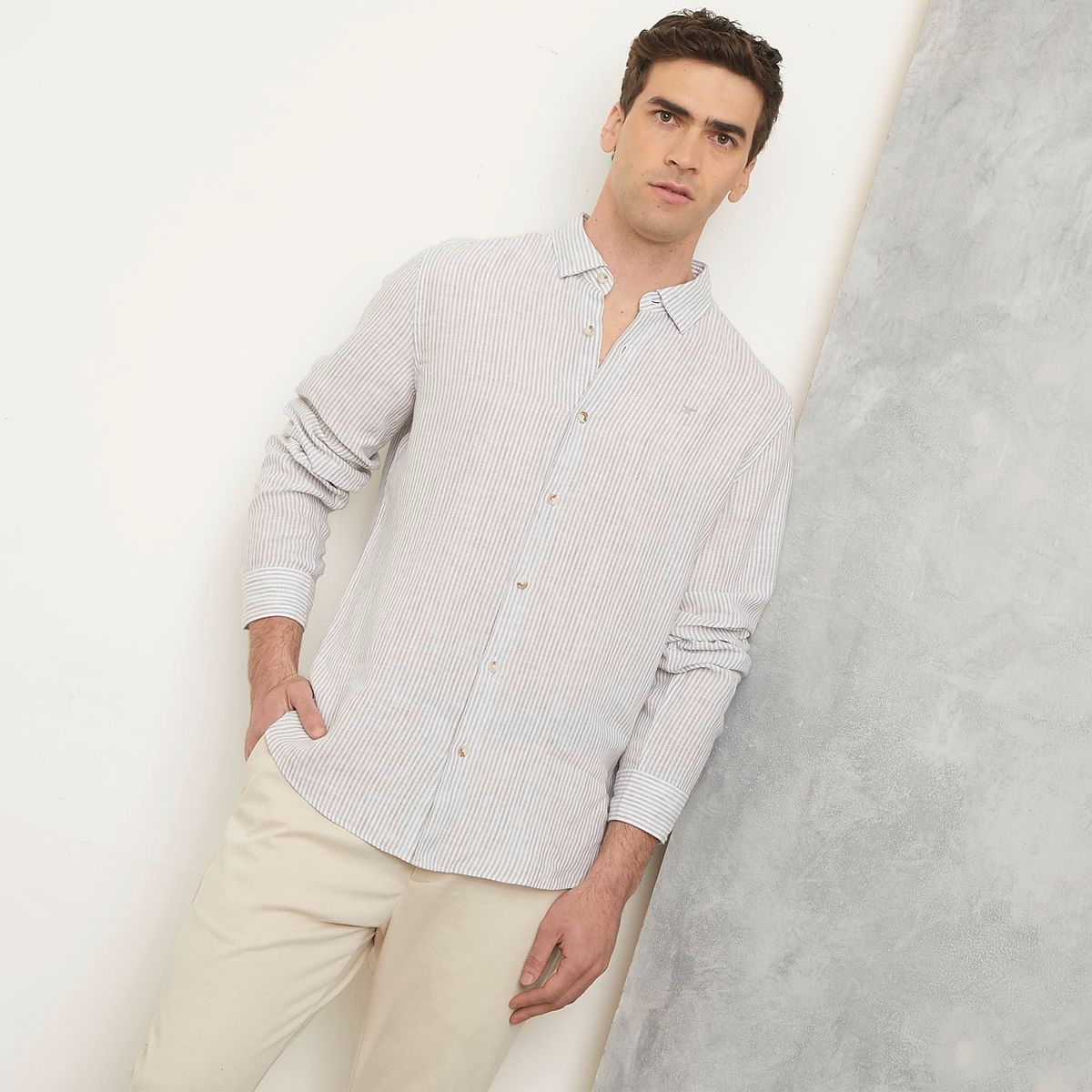 WOLF&HANK - Camisa Casual Manga Larga Lino Hombre Wolf&Hank