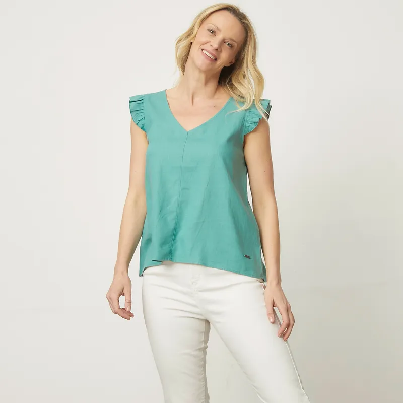 NEWPORT - Blusa Manga Corta Lino Mujer Newport
