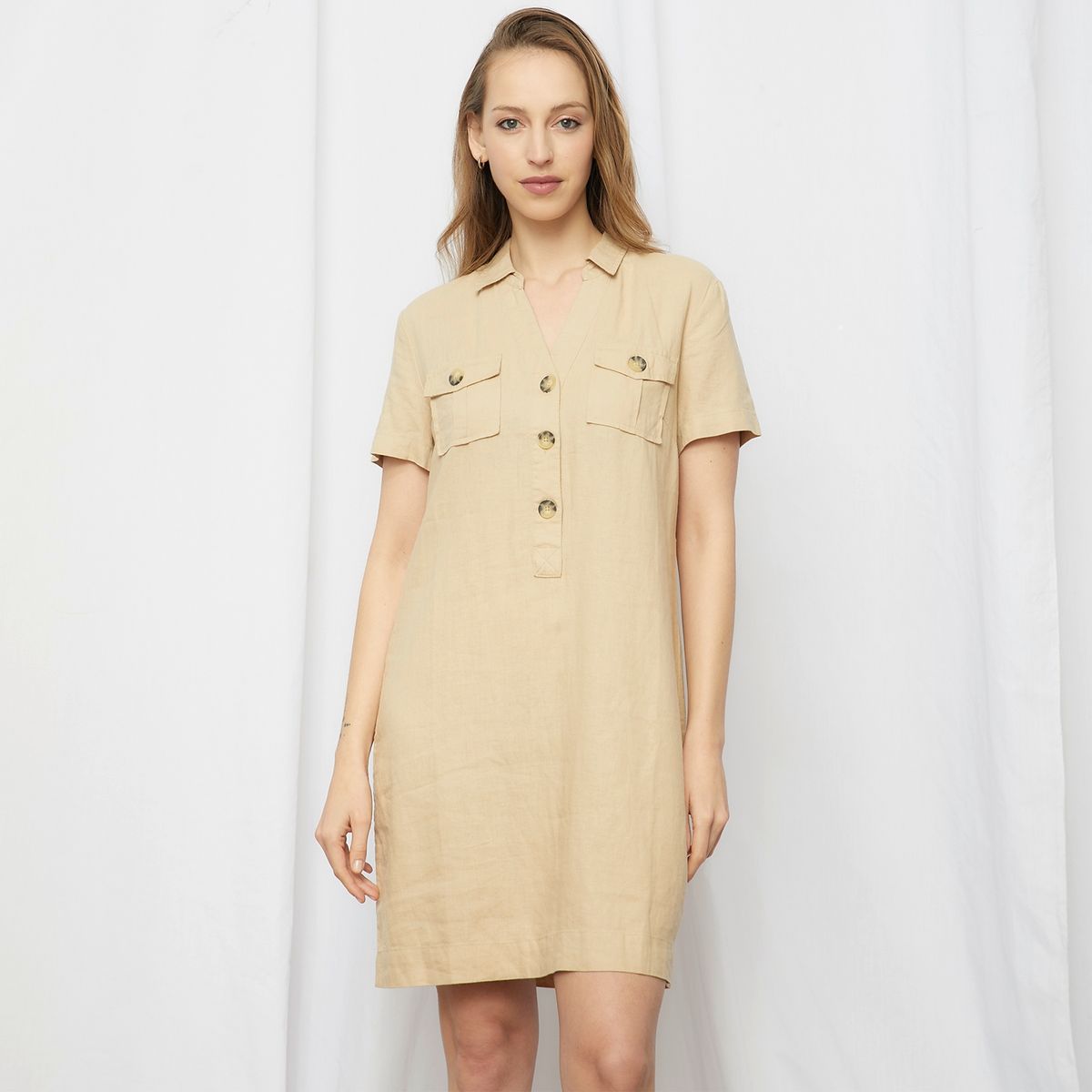 ELLE - Vestido Corto Lino Mujer Elle